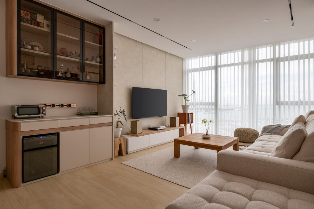 Contemporary Living Room with TV Console and Feature Wall