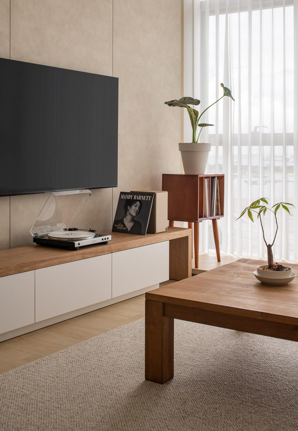 Contemporary Living Room with TV Console and Feature Wall
