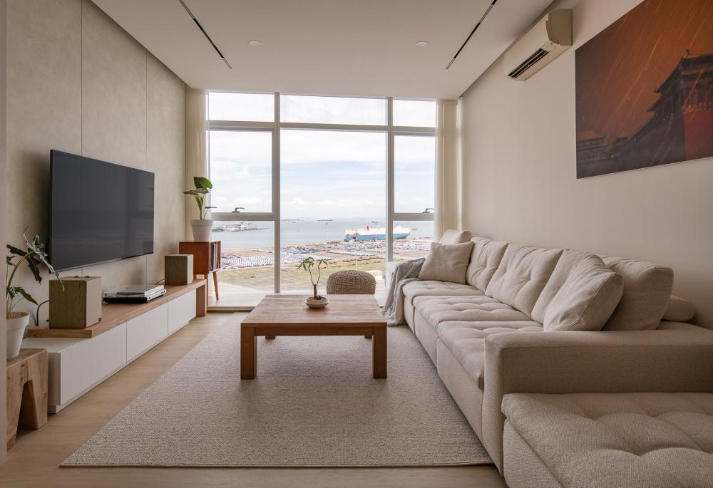 Contemporary Living Room with TV Console and Feature Wall