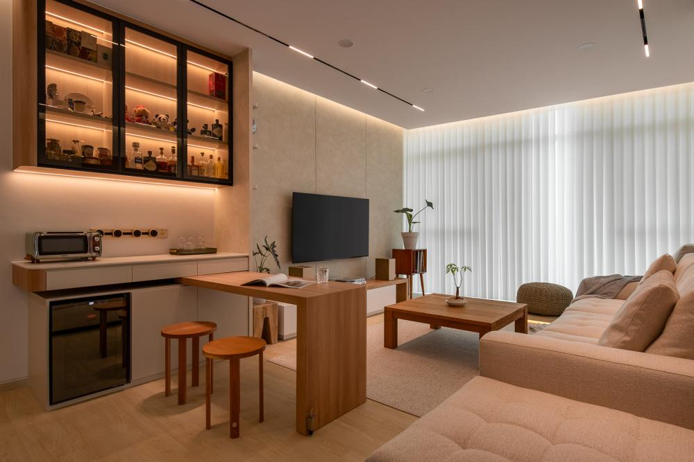 Contemporary Living Room with TV Console and Feature Wall