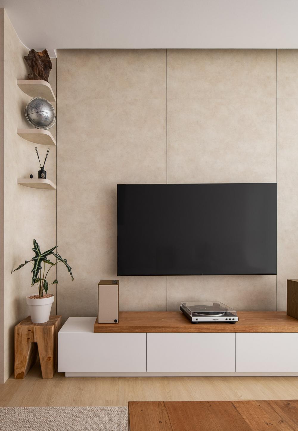 Contemporary Living Room with TV Console and Feature Wall