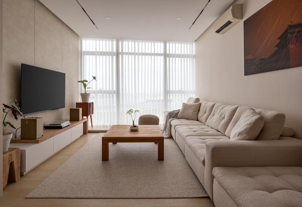 Contemporary Living Room with TV Console and Feature Wall