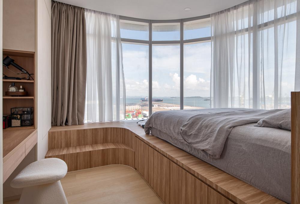 Contemporary Bedroom with Bookshelf and Platform Bed