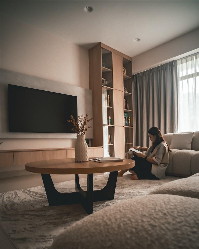 Contemporary Living Room with Bookshelf and TV Console