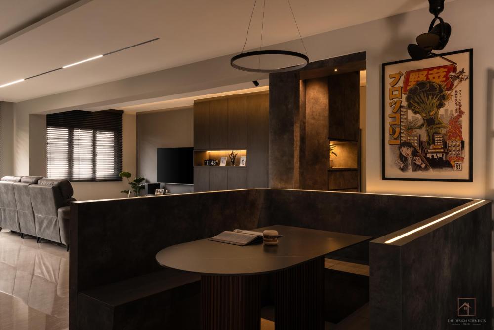 Contemporary Dining Room with Cove Lighting and Downlights