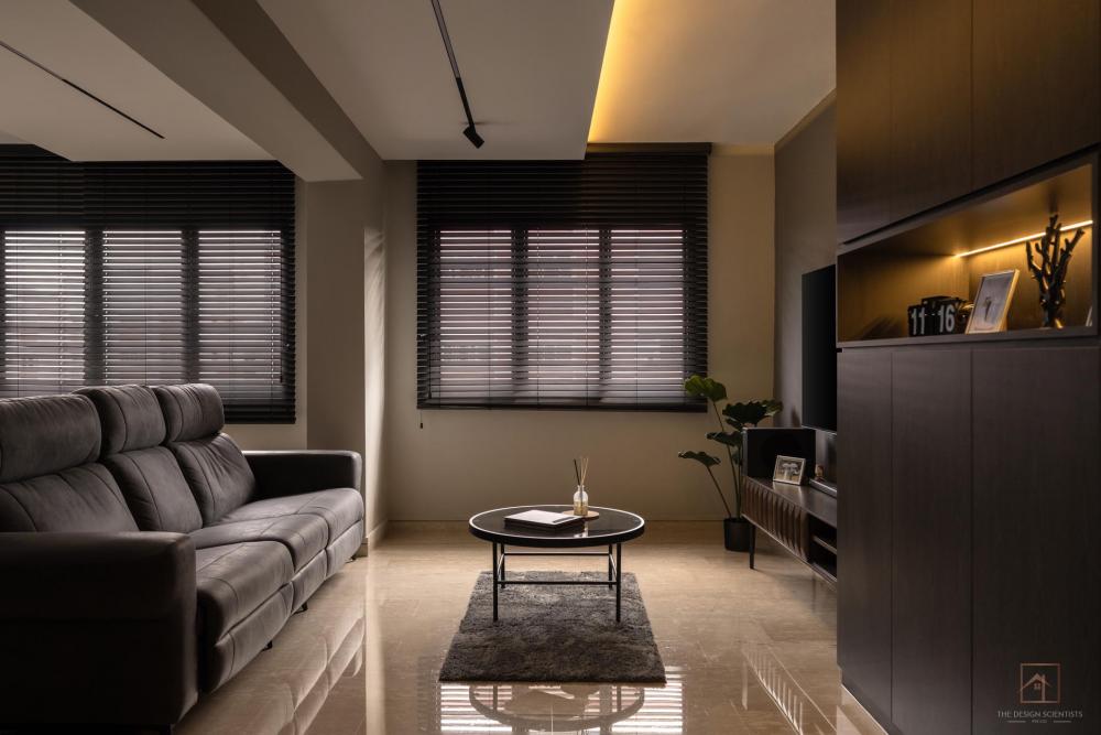 Contemporary Living Room with Bookshelf and Homogeneous Tiles