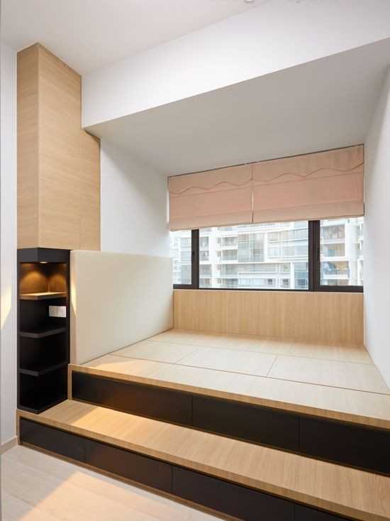 Contemporary Bedroom with Wood Flooring and Drop Light