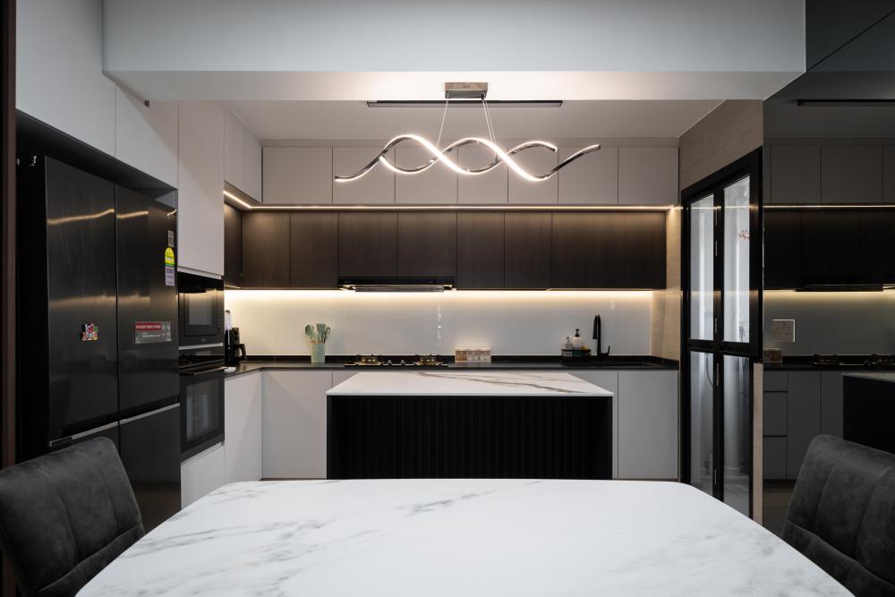 Modern Kitchen with Countertop and Herringbone Tiling