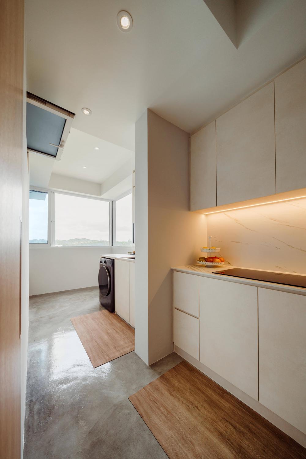 Scandinavian Kitchen with Countertop and Cement Floor
