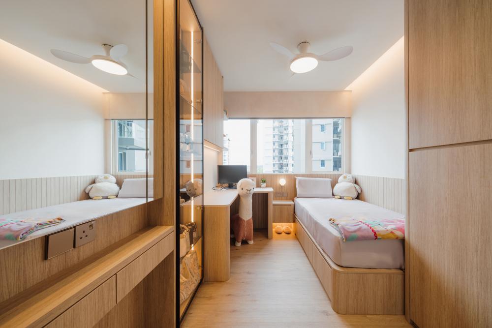 Scandinavian Bedroom with Vinyl Flooring and Cove Lighting