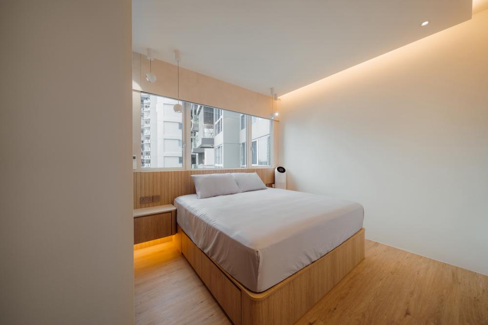 Scandinavian Bedroom with Vinyl Flooring and Cove Lighting