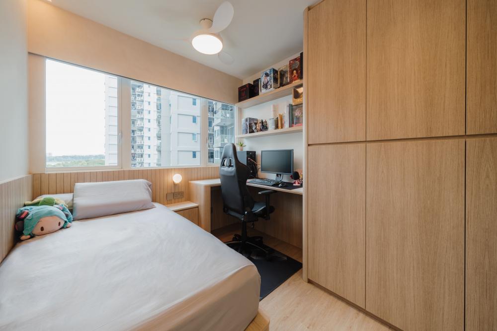 Scandinavian Bedroom with Bookshelf and Vinyl Flooring