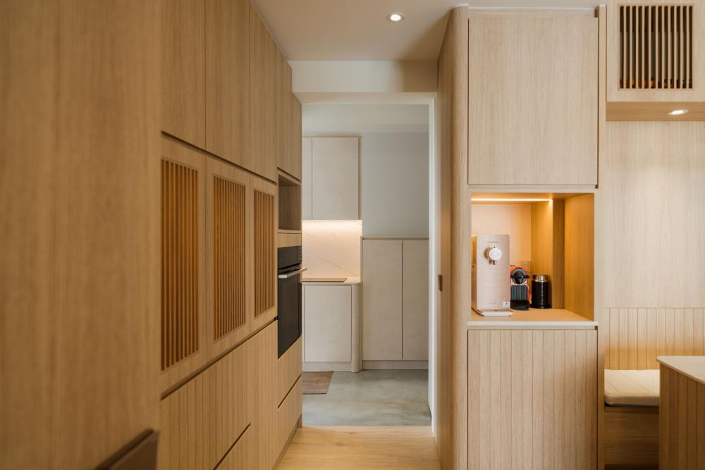 Scandinavian Kitchen with Vinyl Flooring and Cement Floor
