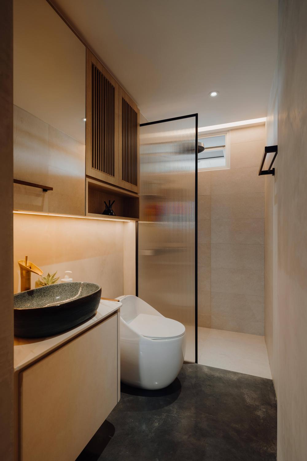 Scandinavian Bathroom with Countertop and Cement Floor