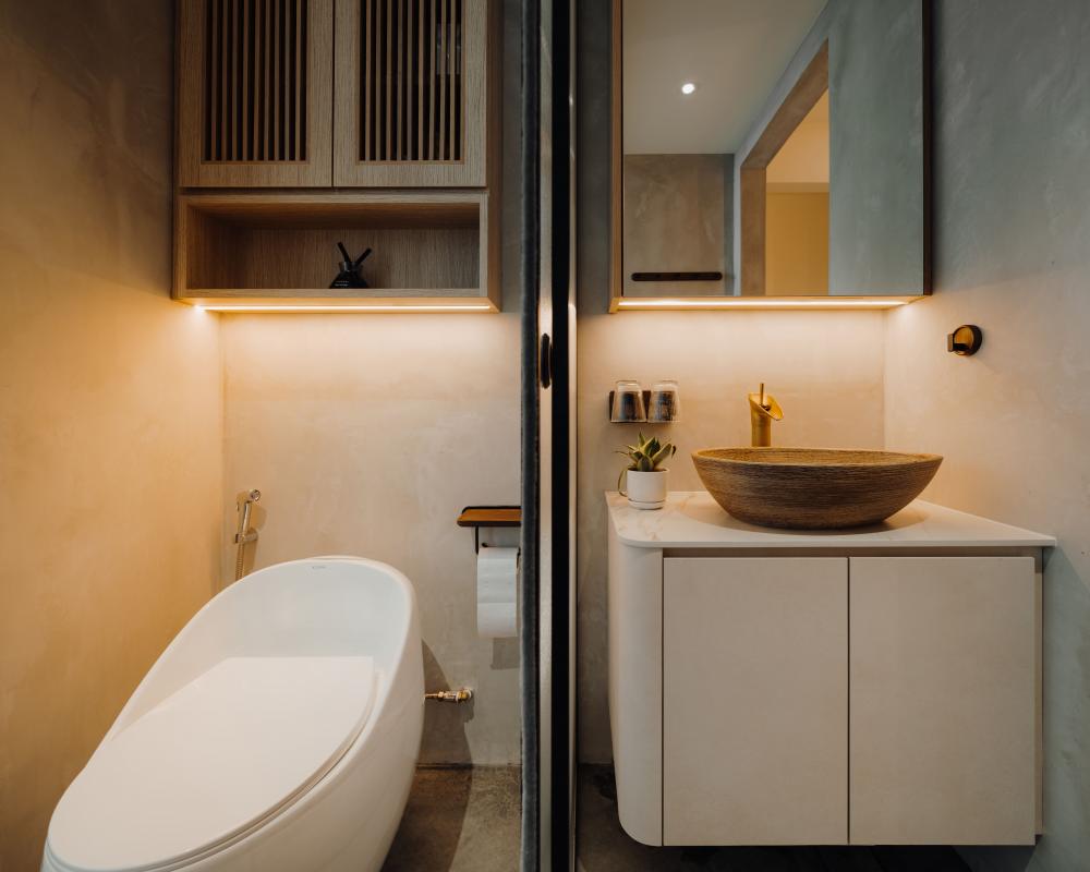 Scandinavian Bathroom with Countertop and Cement Floor