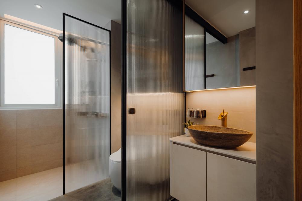 Scandinavian Bathroom with Countertop and Cement Floor
