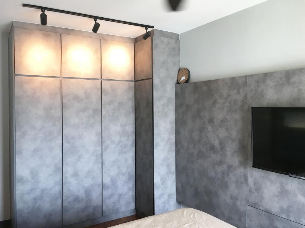 Modern Bedroom with Wood Flooring and Feature Wall