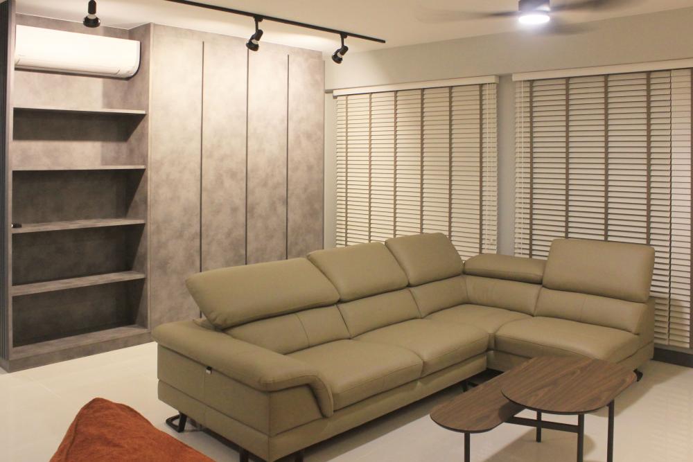 Modern Living Room with Bookshelf and Marble Floor