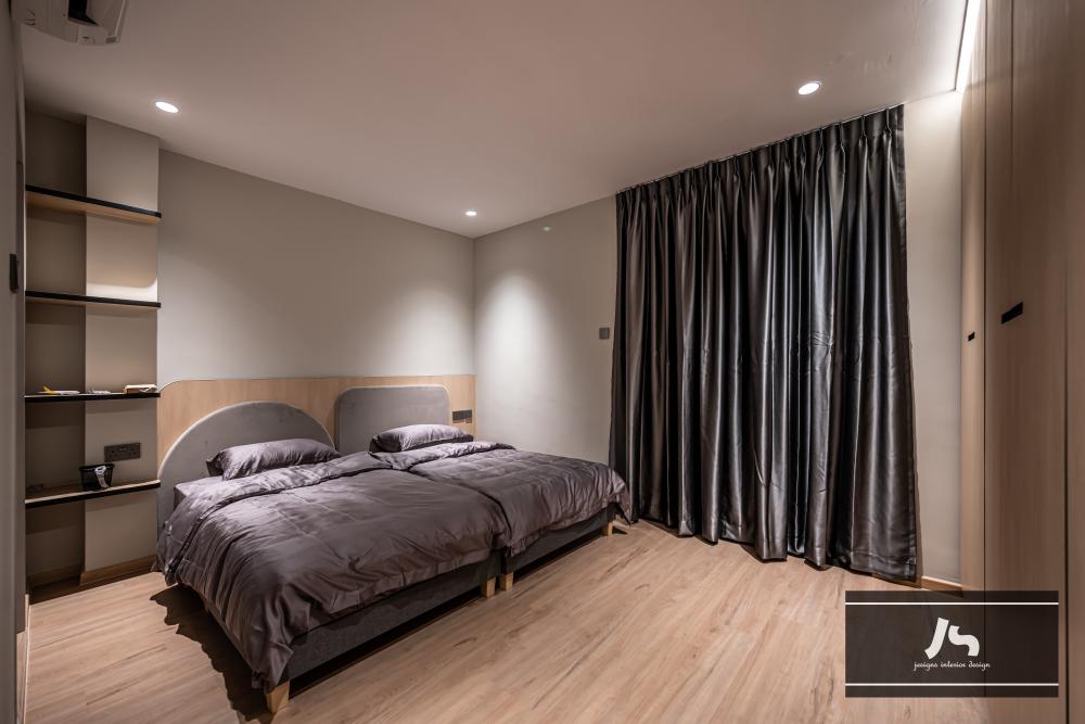 Modern Bedroom with Vinyl Flooring and Display Cabinets