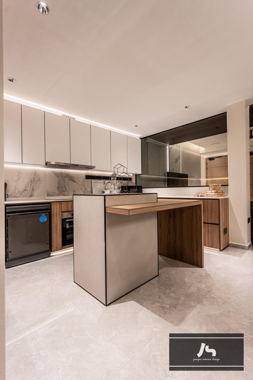 Modern Kitchen with Marble Floor and Kitchen Island