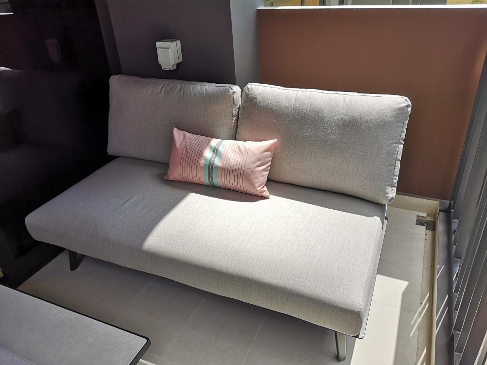 Modern Balcony with Curtain and Outdoor Table
