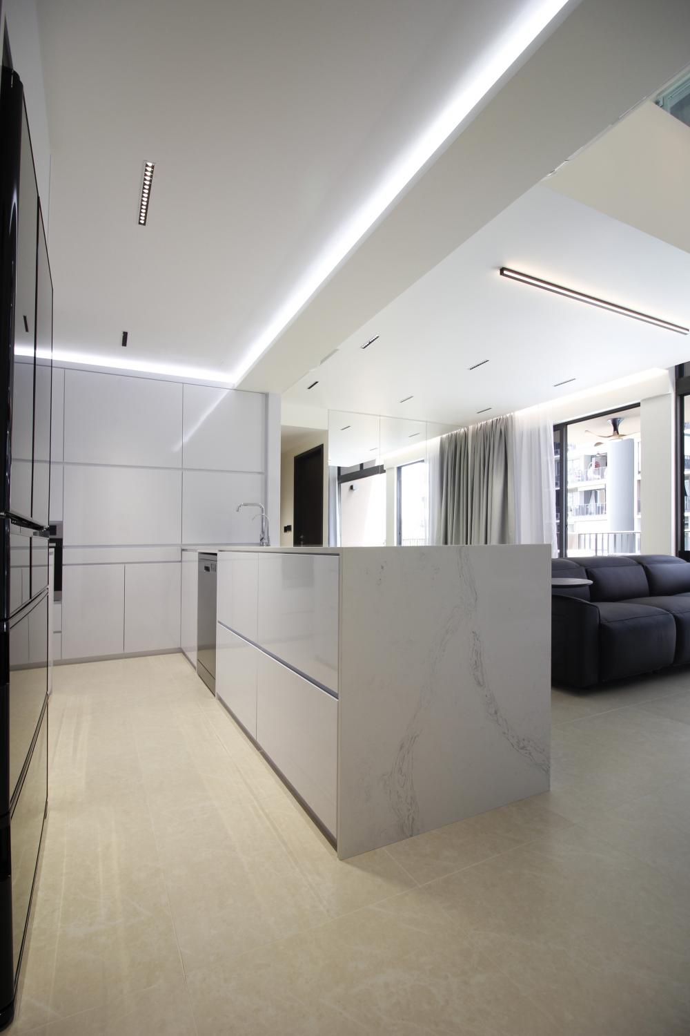 Modern Kitchen with Marble Floor and Kitchen Island