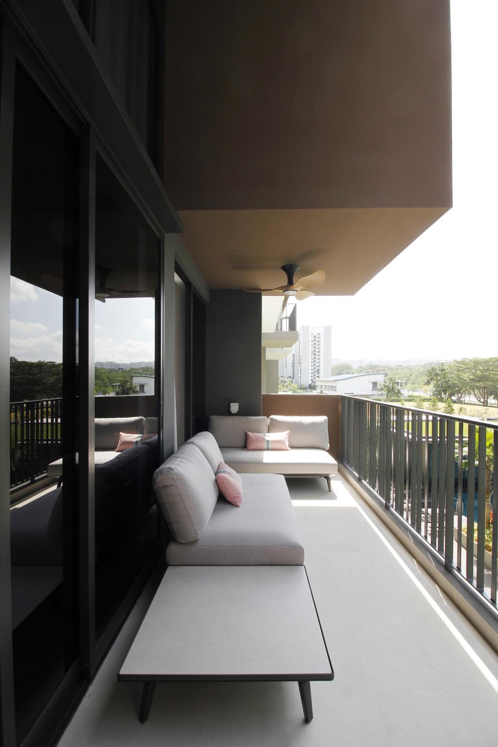 Modern Balcony with Outdoor Chairs and Seating Bench