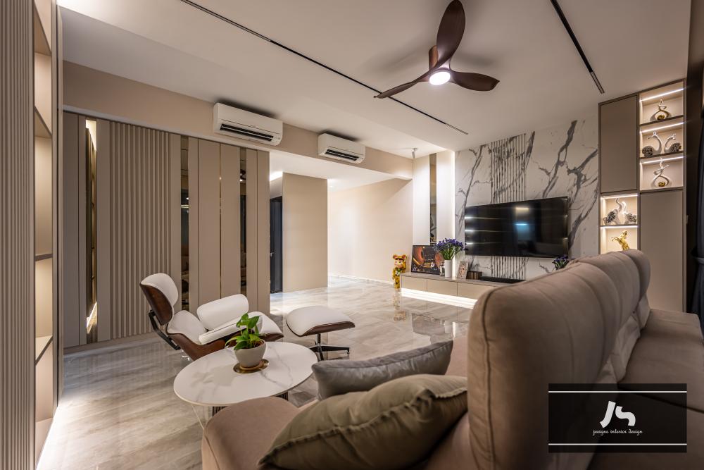 Modern Living Room with Marble Floor and Feature Wall