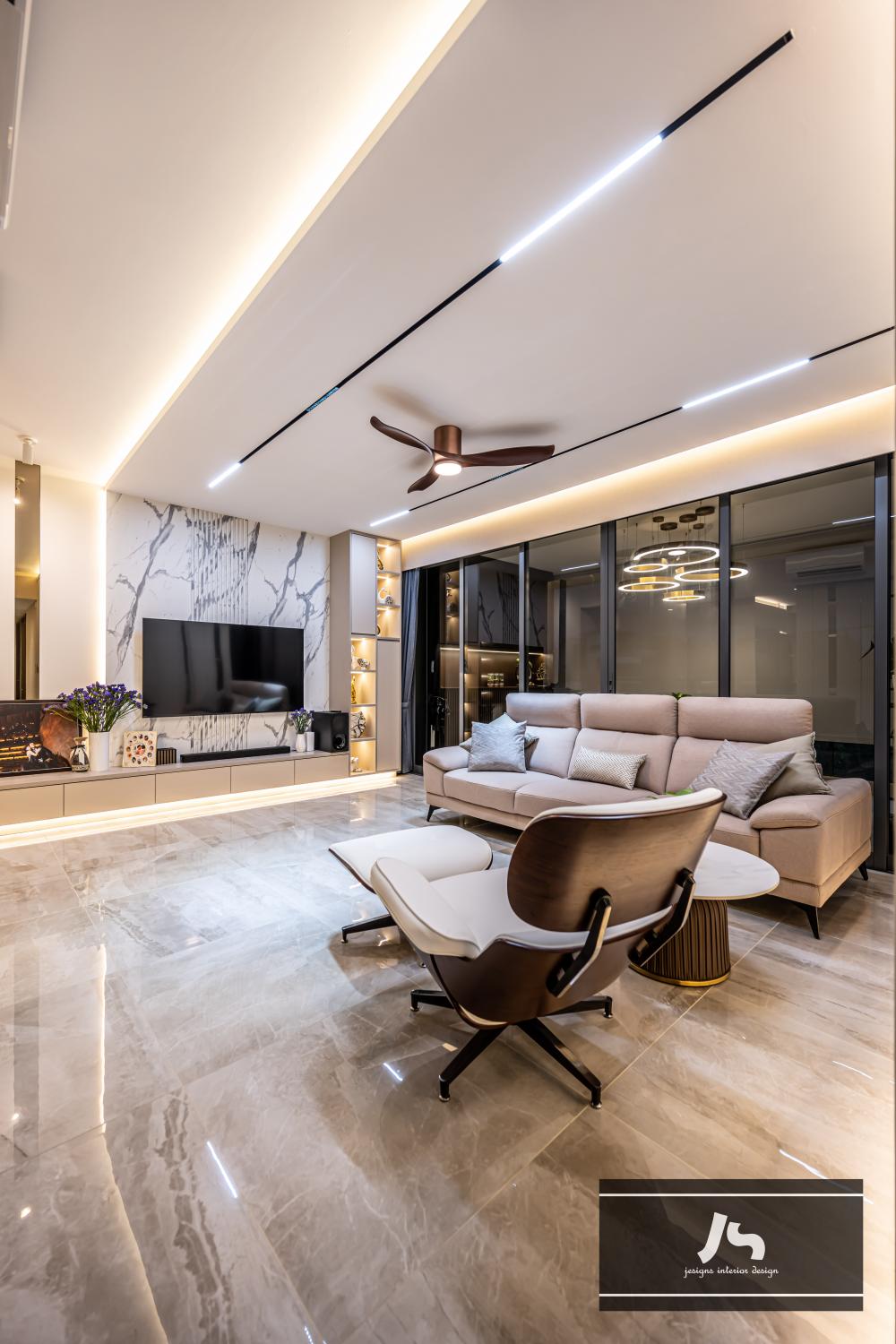 Modern Living Room with Marble Floor and TV Console