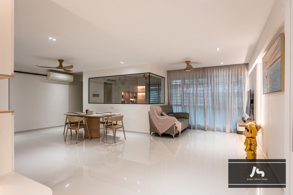 Country Living Room with Marble Floor and TV Console