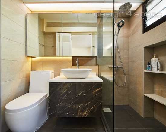 Contemporary Bathroom with Herringbone Tiling and Cement Floor