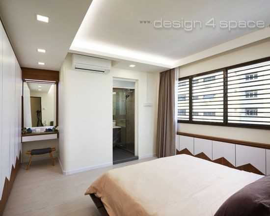 Contemporary Bedroom with Platform Bed and Herringbone Tiling