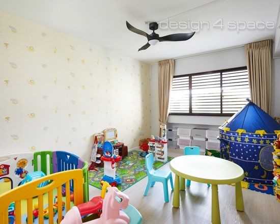 Contemporary Kids Room with Bookshelf and Built-in Bed