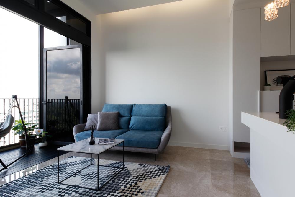 Modern Living Room with Granite Floor and Display Cabinets
