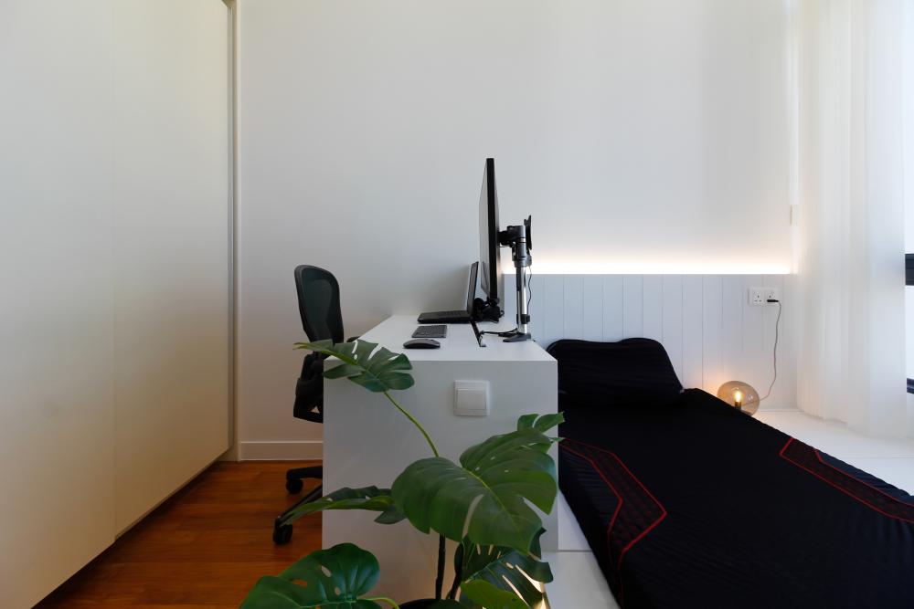 Modern Bedroom with Bookshelf and Platform Bed
