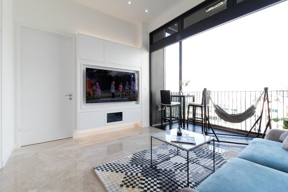 Modern Living Room with Granite Floor and TV Console