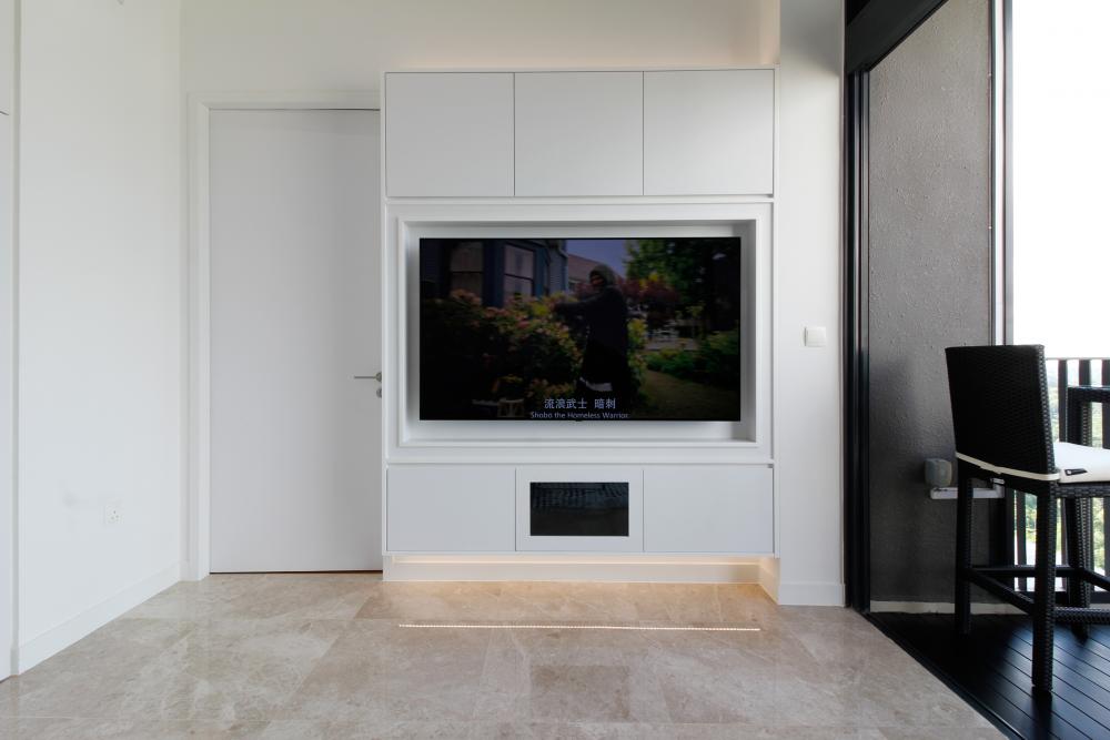 Modern Living Room with Granite Floor and TV Console