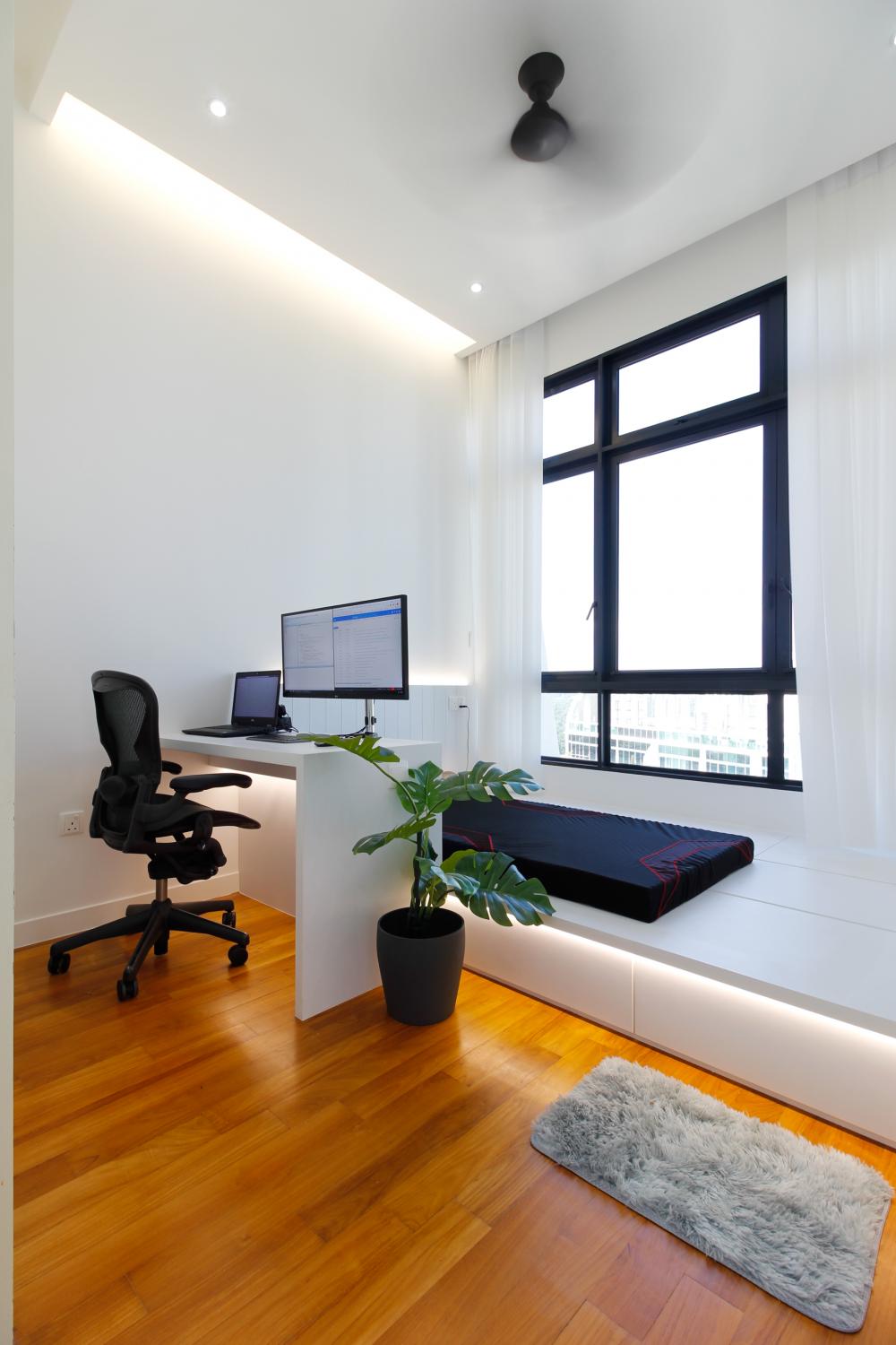 Modern Bedroom with Bookshelf and Platform Bed