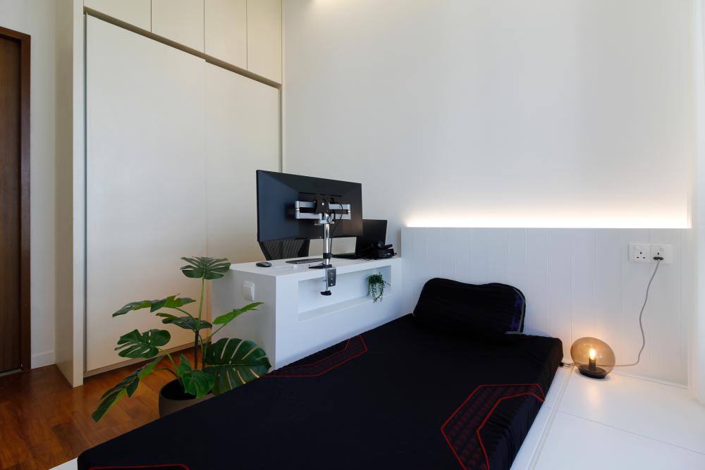 Modern Bedroom with Bookshelf and Platform Bed