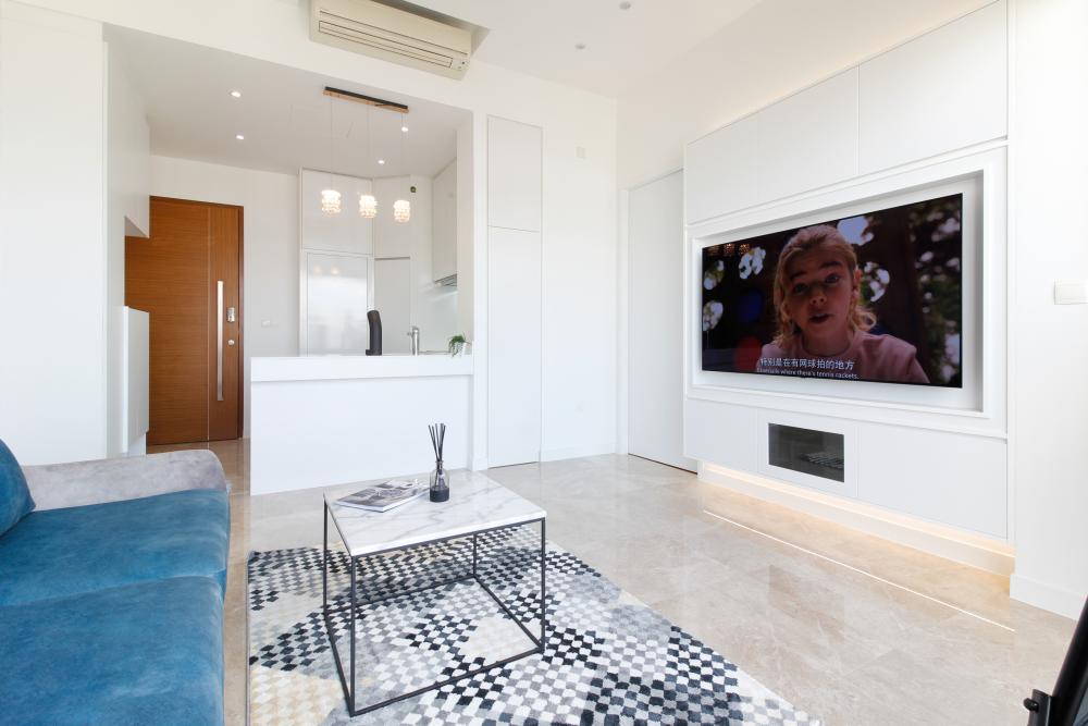 Modern Living Room with Granite Floor and TV Console