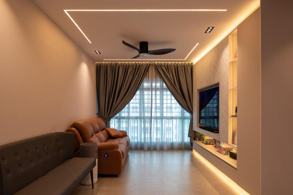 Modern Living Room with TV Console and Cove Lighting
