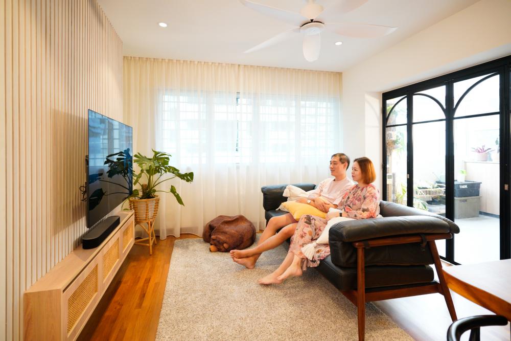 Scandinavian Living Room with TV Console and Feature Wall