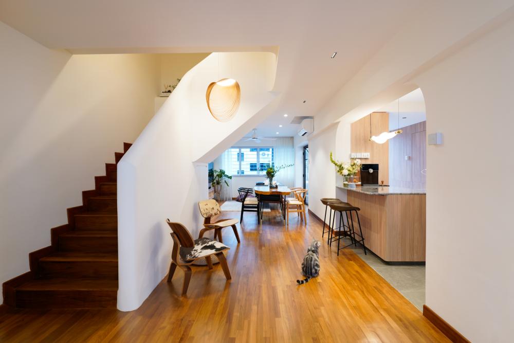 Scandinavian Entryway with Staircase and Open Kitchen