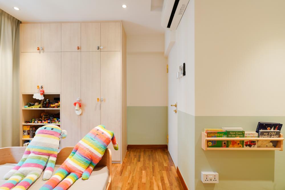 Scandinavian Bedroom with Bookshelf and Wardrobe
