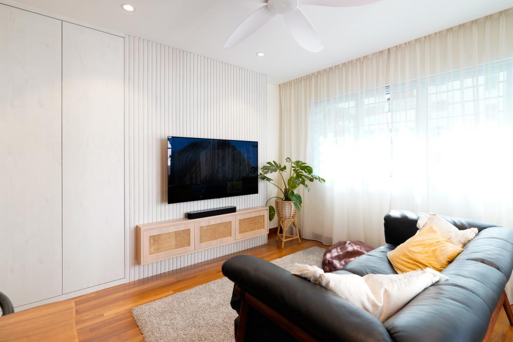 Scandinavian Living Room with Vinyl Flooring and TV Console