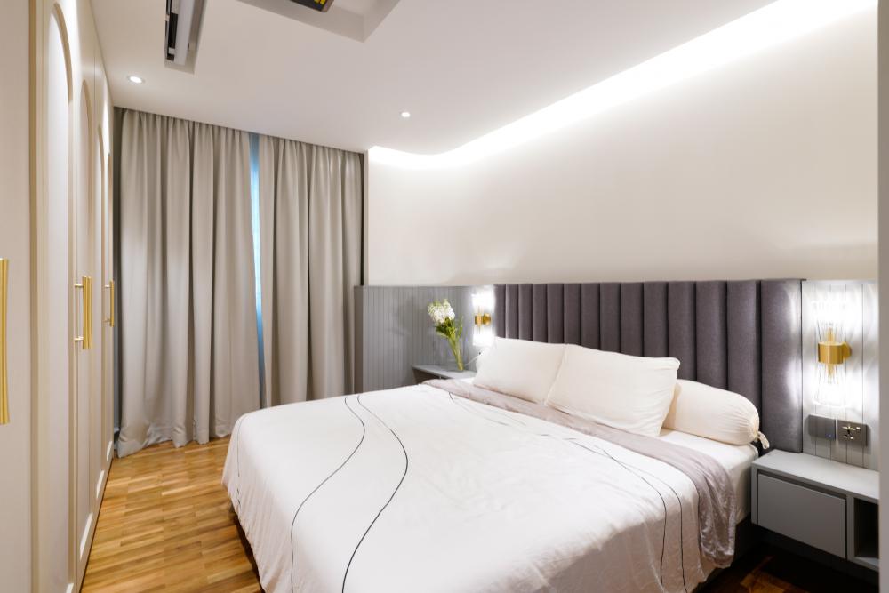 Scandinavian Bedroom with Platform Bed and Vinyl Flooring