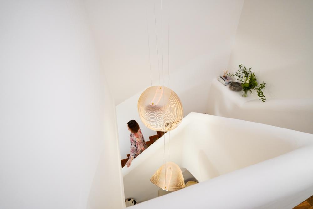 Scandinavian Foyer with Staircase and Planters