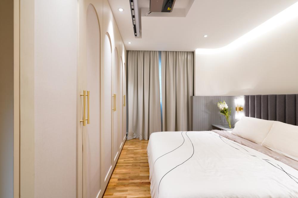 Scandinavian Bedroom with Platform Bed and Vinyl Flooring