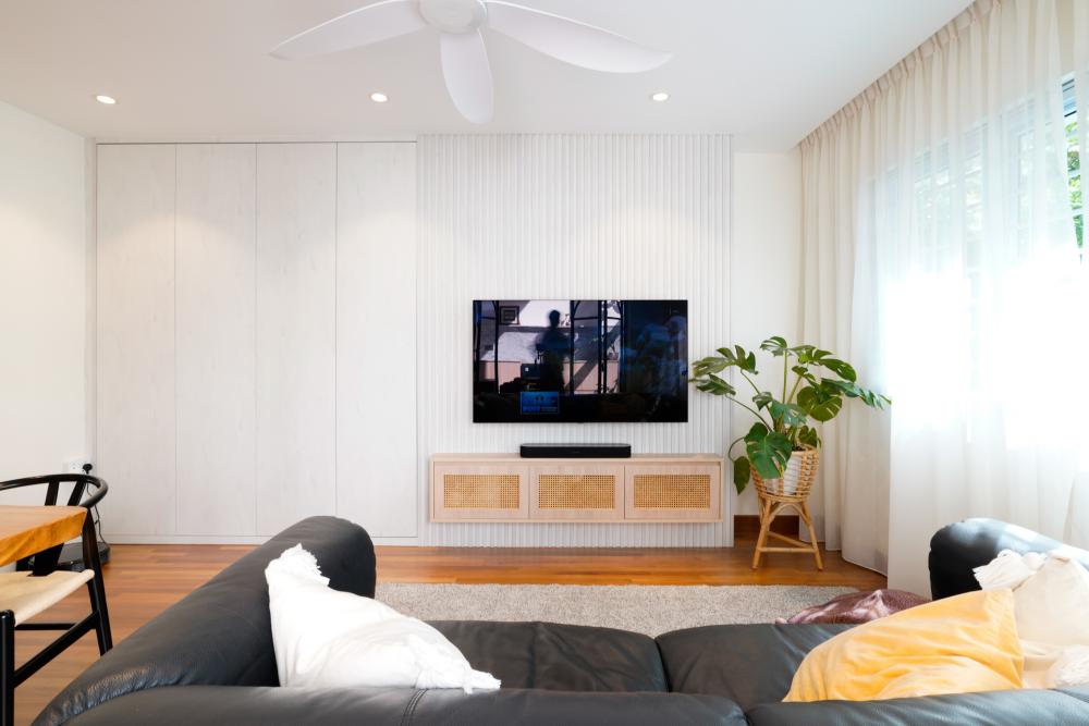 Scandinavian Living Room with TV Console and Feature Wall