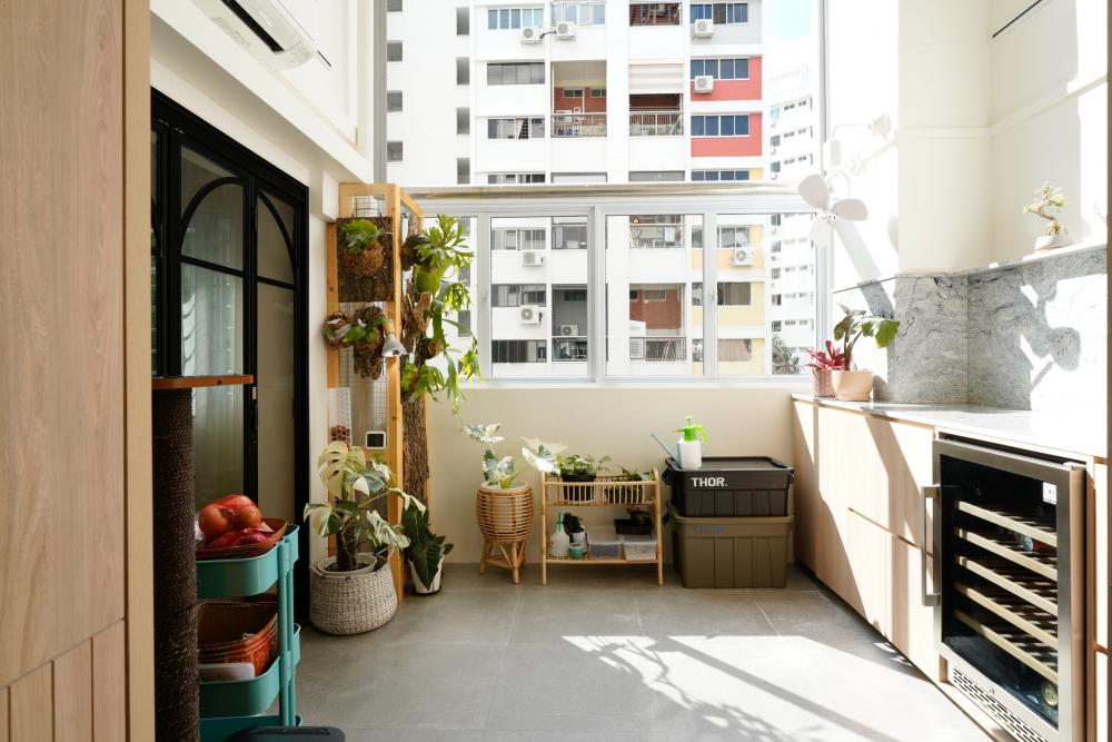 Scandinavian Balcony with Bar Counter and Outdoor Table